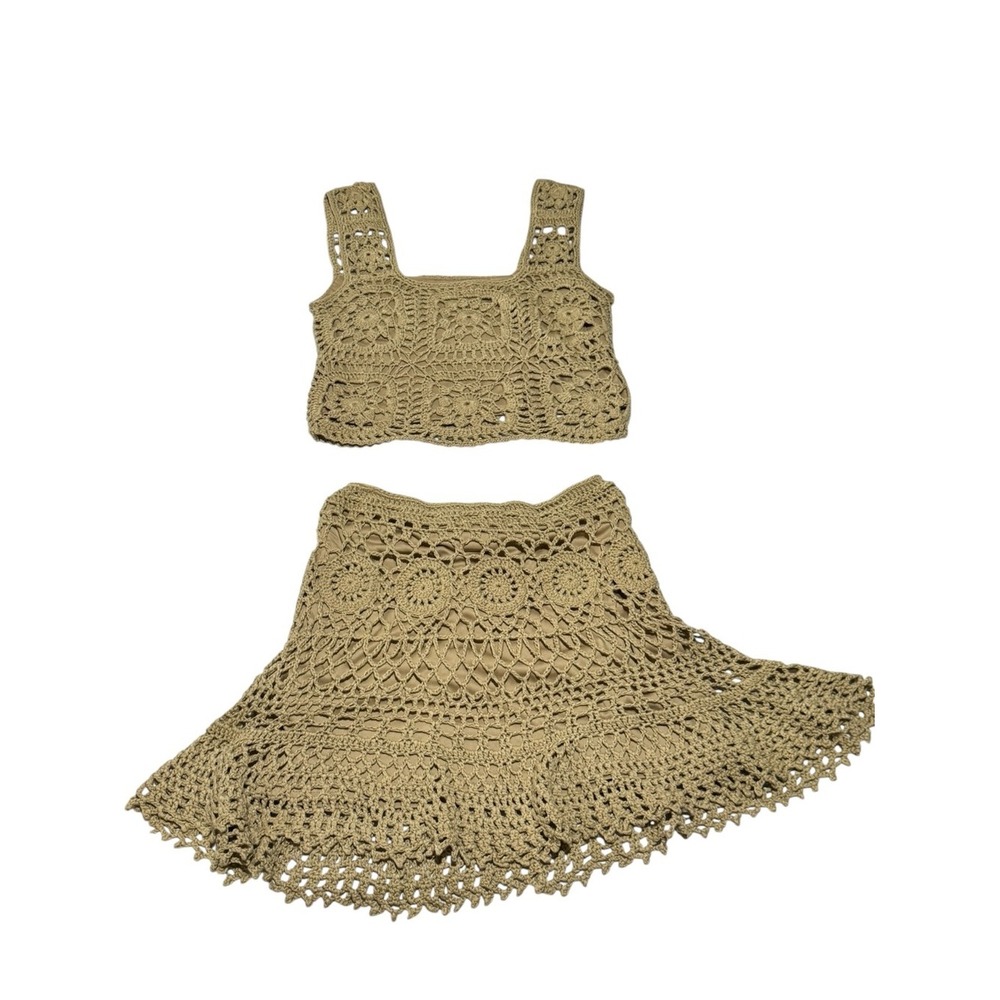 Lnable by Mable Tan Crochet Matching Set Crop Top Mini Skirt Boho Festival M - Picture 9 of 13